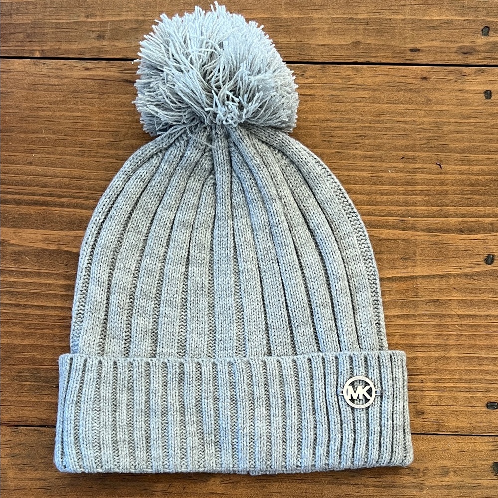 Michael Kors Light Gray Knit Beanie with Pom-Pom